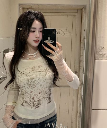 대나무 마디 면 사랑 콩 같은 단락 한 부서 페이크 레이어드 핫픽스 프린트 긴팔 티셔츠 만나는