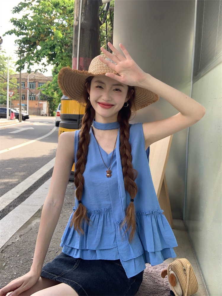원본 원단 한 부서 V넥 조끼 여성 여름 새로운 달콤함 불규칙 프릴 슬림해 보이는 연령 감소 외출용 맨위