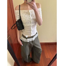 批发原版面料莱赛尔一字肩假两件拼接撞色高级上衣显瘦T恤女