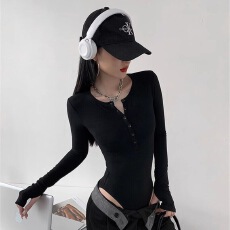 美式复古长袖T恤设计感小众享利领拉链修身内搭打底上衣