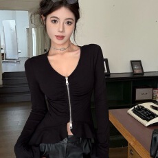 官图实价 仿棉 纯欲双拉链褶皱长袖T恤女春夏修身显瘦上衣打底衫