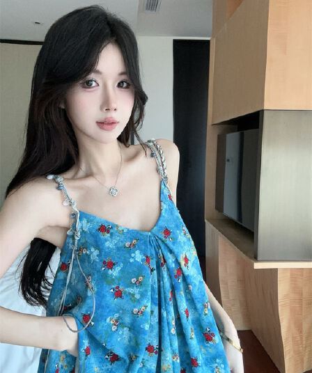 휴가 바람 레트로 파란색 꽃무늬 캐미솔 여름 새로운 달콤함 프릴 민소매 핫걸 해변가 맨위