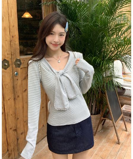원본 원단 달콤한 스타일 레이스업 긴팔 티셔츠 여성 봄 Chic 연령 감소 슬림해 보이는 스트라이프 맨위