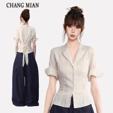 批发v领条纹古巴领收腰正肩短袖衬衫女夏掐腰半袖衬衣