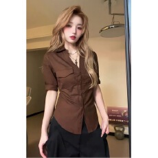 批发复古Polo领衬衫女<b class='q'>夏</b>薄款设计感正肩掐腰显瘦衬衣