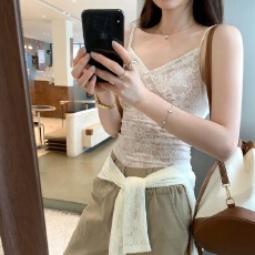 批发杏色蕾丝花边内搭打底小吊带背心<b class='q'>套装</b>女春法式开衫外套两件套上衣