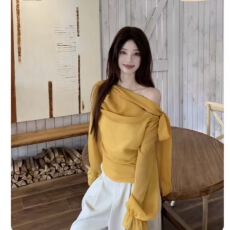 批发黄色韩系飘带露肩<b class='q'>长袖</b><b class='q'>雪纺</b>衬衫女春季新款设计感小众显瘦百搭上衣