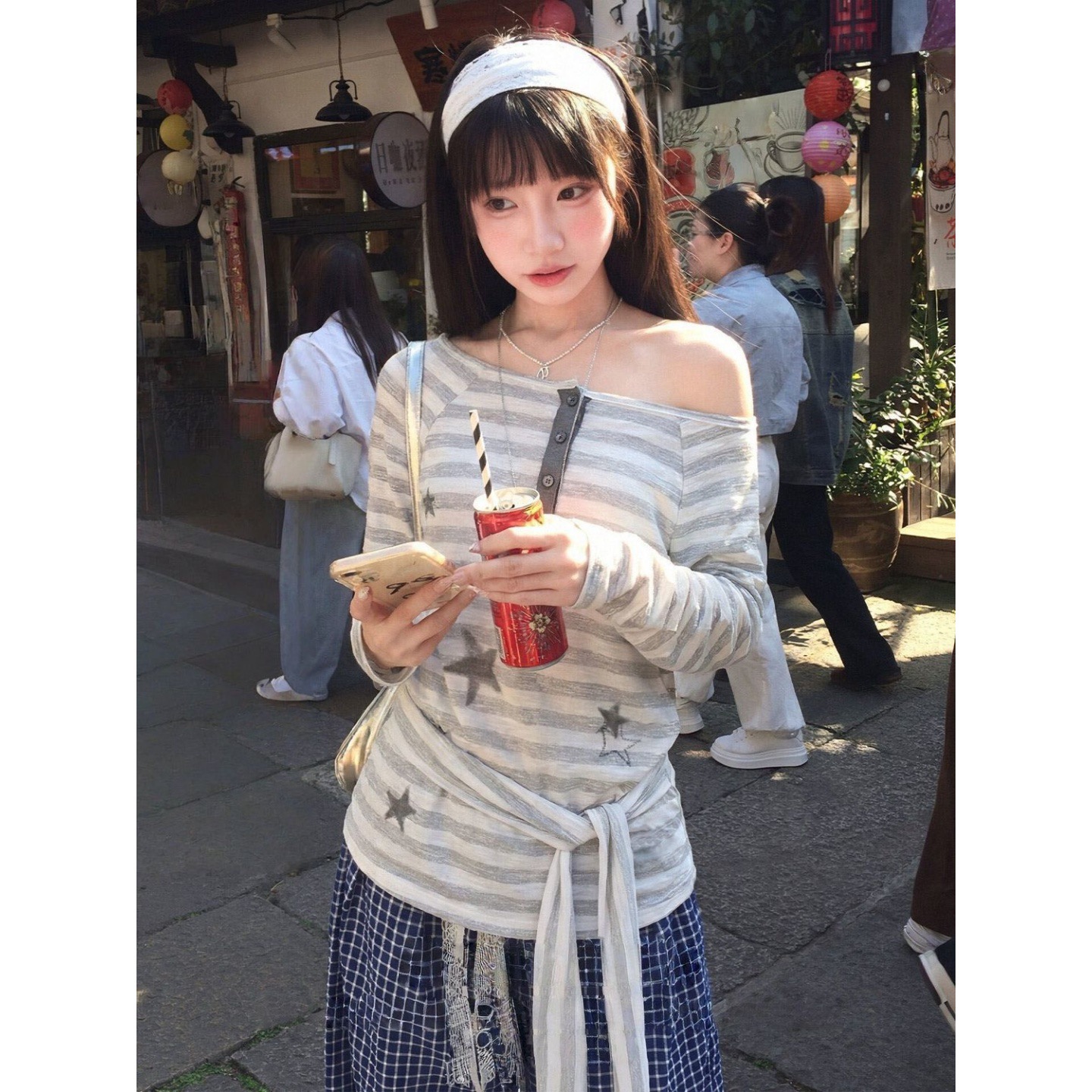 주간 실크 눈꽃 면 컬러 짜임 기사 느긋한 바람 비스듬한 어깨 스트라이프 마이크로 ~을 통해 블라우스 긴팔 티셔츠 여성