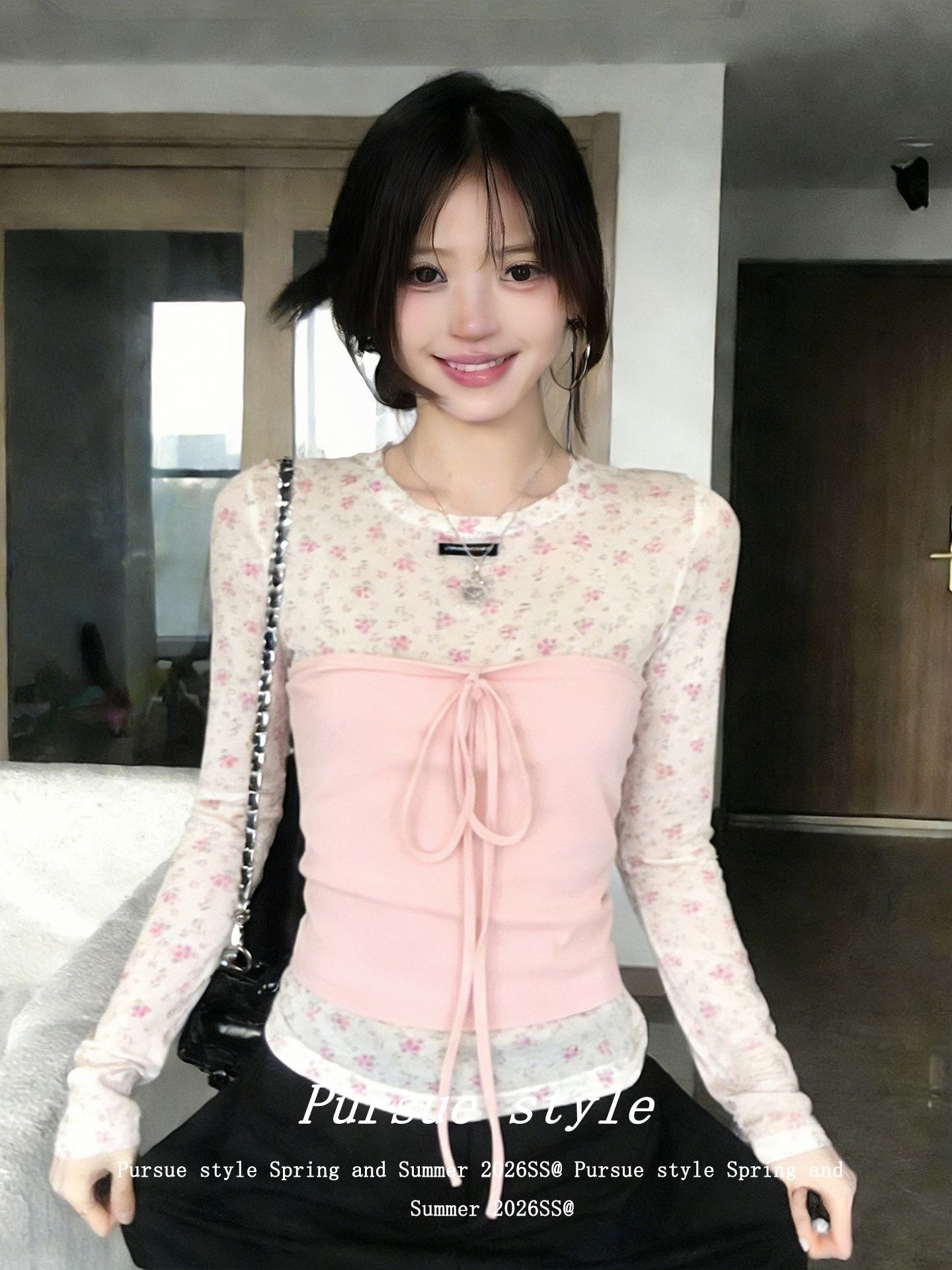 한 부서 스택 착용 세트 여성 봄 꽃무늬 긴팔 티셔츠 닦아내 라. 가슴 안쪽 가져 가라. 만나는 맨위