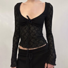 批发复古黑色<b class='q'>蕾丝</b>褶皱低胸长袖<b class='q'>T</b><b class='q'>恤</b>春性感透视修身收腰上衣