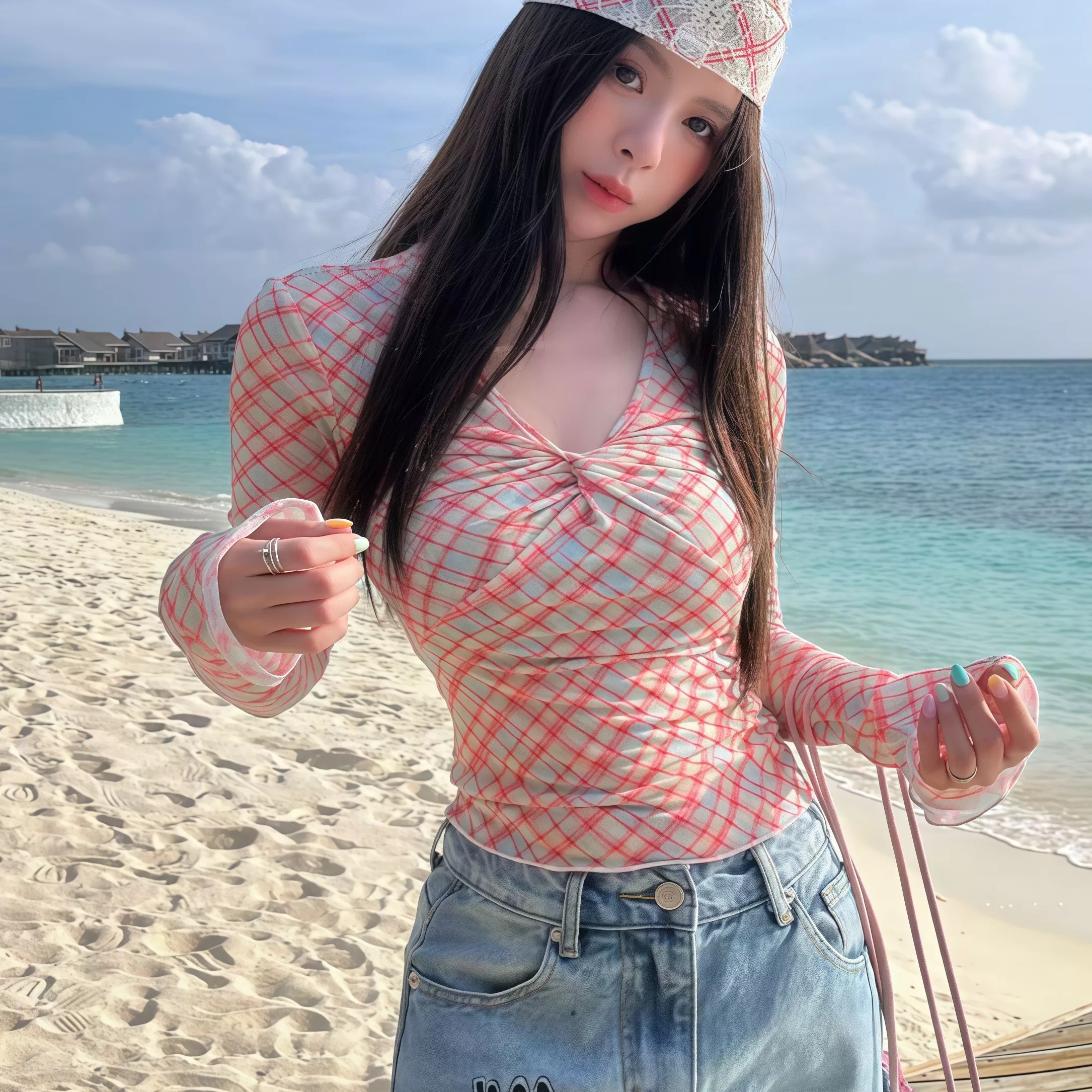 경관 그림 망사 원단 한 부서 레트로 V넥 체크무늬 긴팔 망사 티셔츠 여성 봄 새로운