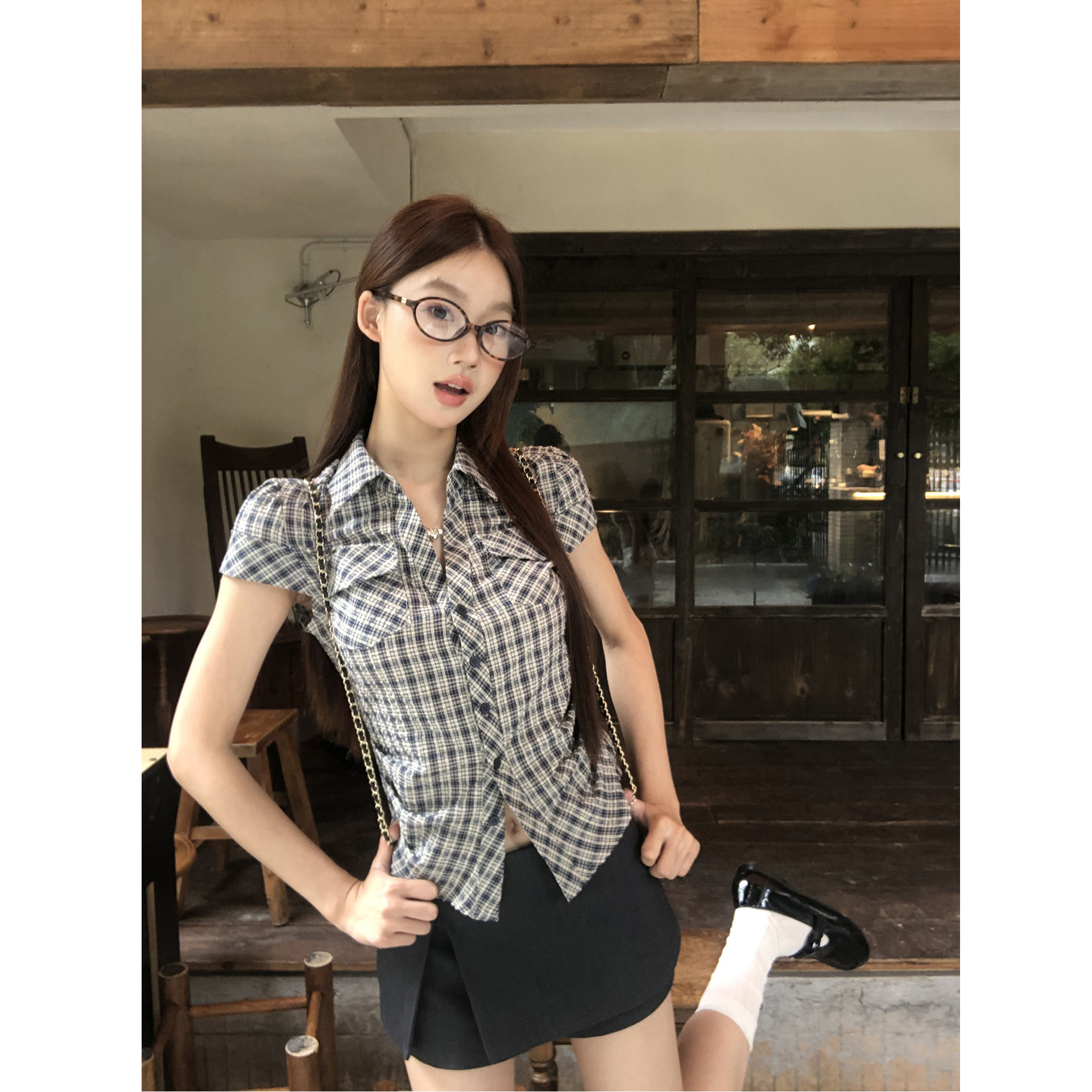 반팔 여성 셔츠 여름 중요 경우 작은 셔츠 프랑스식 맨위 핑크색 몸매 가꾸기 셔츠