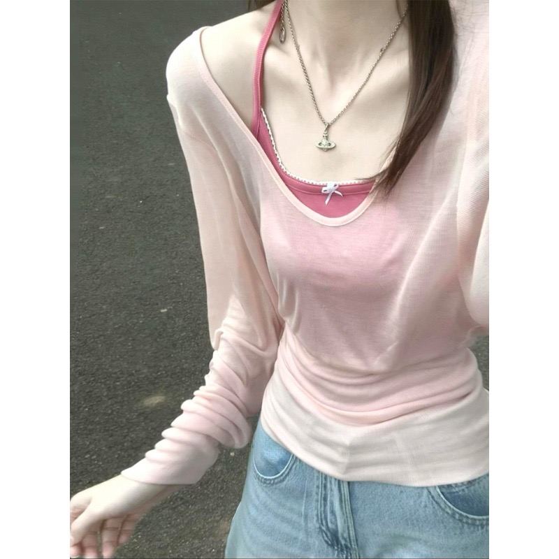 주간 실크 와 사고 방식 이른 봄 아름다운 꼬집기 허리 핑크색 긴팔 티셔츠 여성 의류 여름 블라우스 슬립 맨위 세트