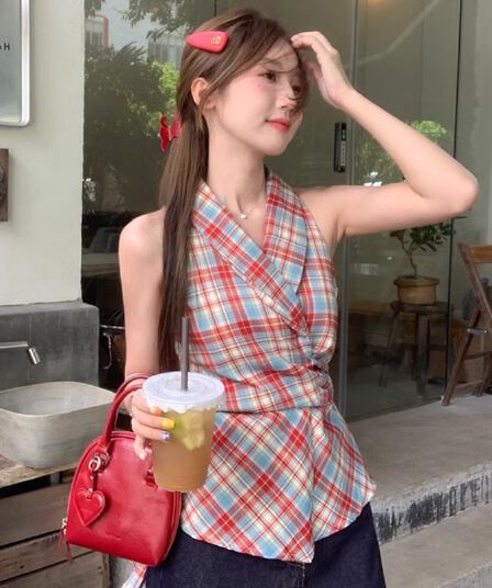 경관 그림 정가 체크무늬 V넥 캐미솔 새로운 달콤한 매운맛 바람 나비 매듭 허리 수축 몸매 가꾸기 슬림해 보이는 의류 ins