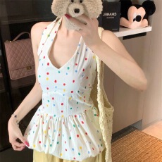 批发<b class='q'>可爱</b>风甜美波点气质海边度假挂脖背心夏季新款多巴胺收腰显瘦短裙