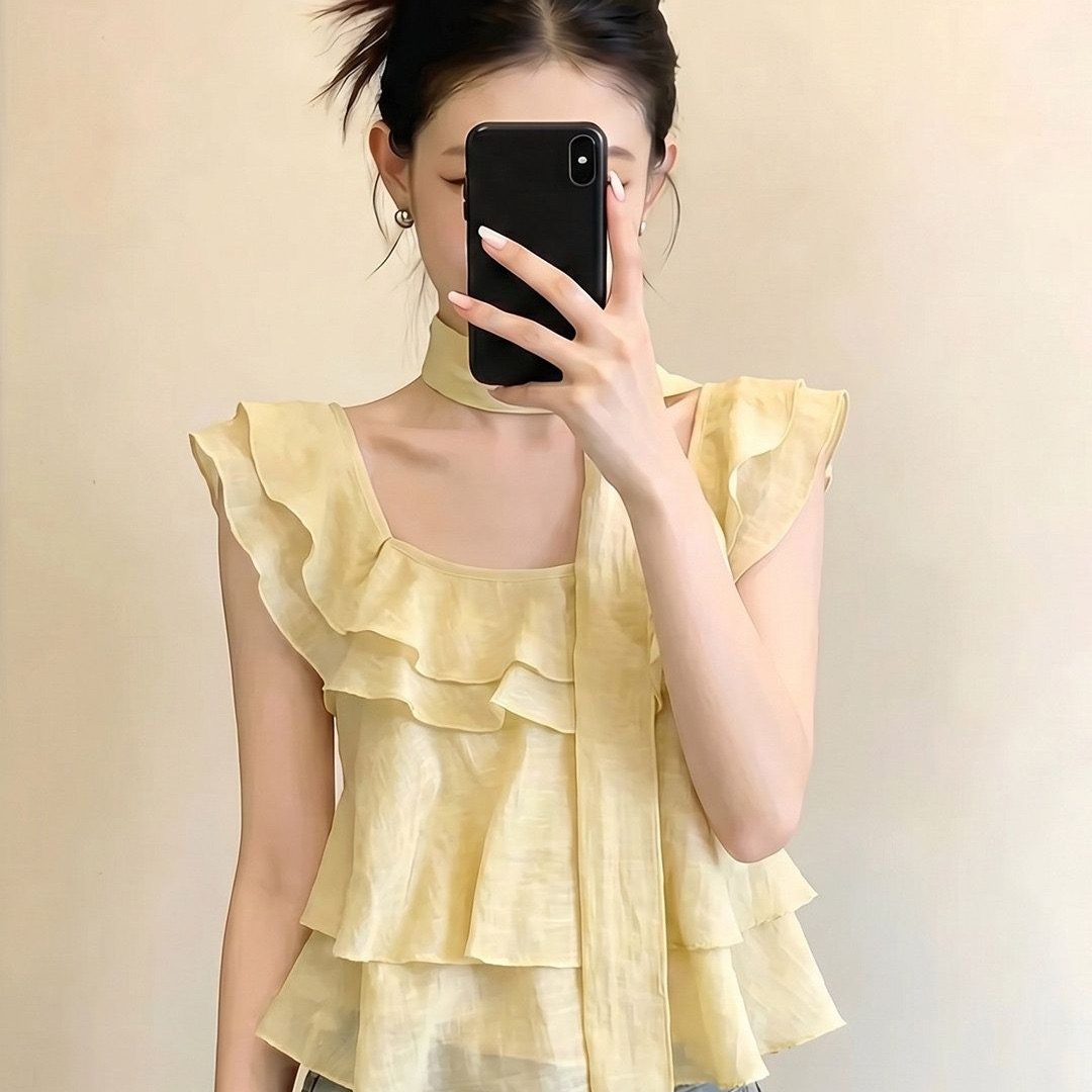 프랑스식 황색 광장 칼라 프릴 작은 날다 소매 조끼 여성 여름 달콤함 연령 감소 디자인 센스 슬림해 보이는 인형 셔츠 맨위
