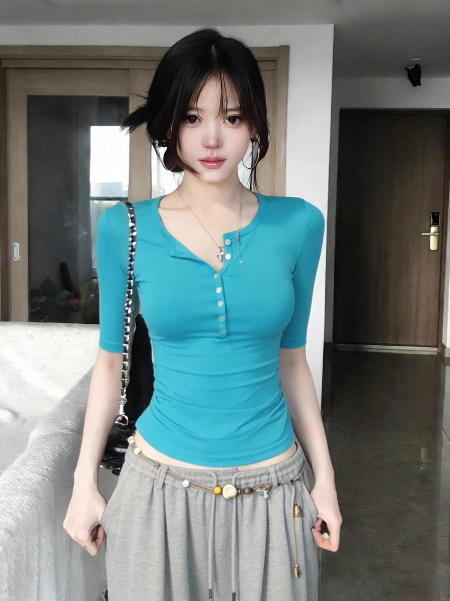 사람들 면 모달 아메리칸 헨리 칼라 중간 소매 티셔츠 여성 여름 새로운 몸매 가꾸기 슬림해 보이는 핫걸 순수한 욕망 핫걸 맨위