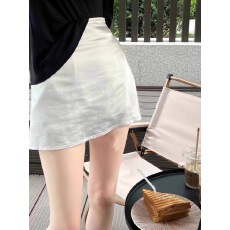醋酸面料复合网布 夏季气质高腰松紧A字包臀短裙醋酸缎面半身裙
