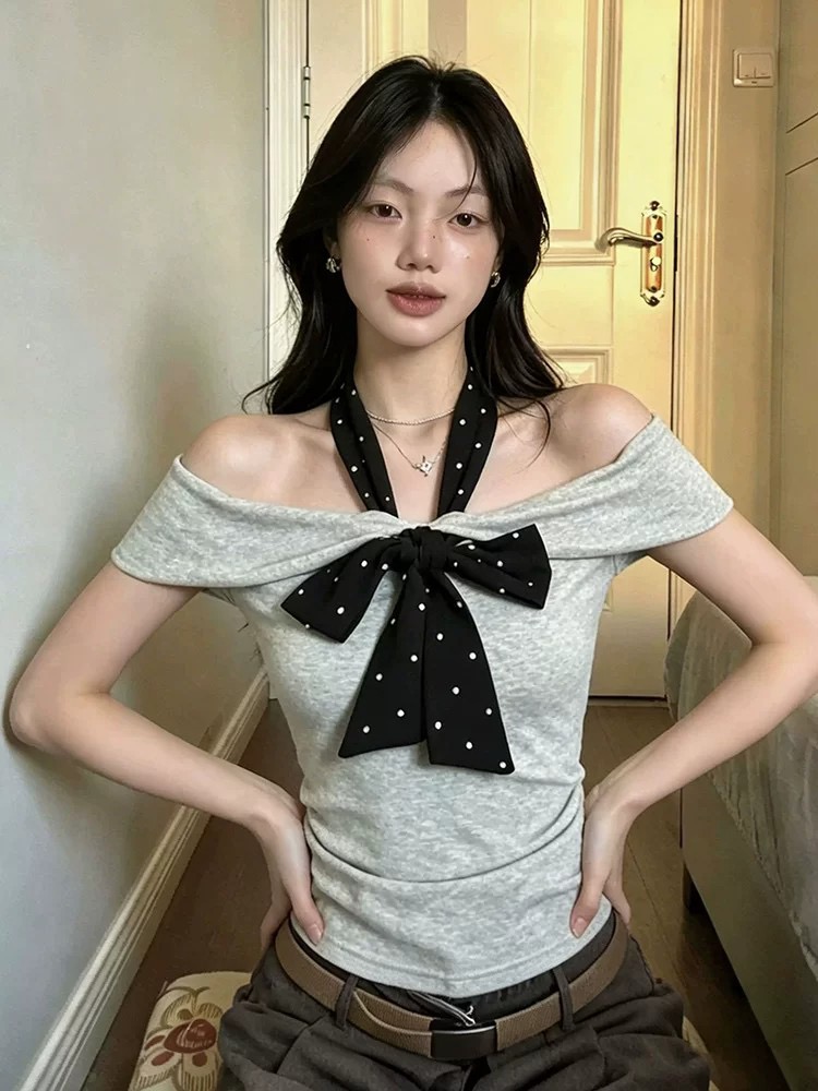 40 순면 리브 210 그램 리본 새로운 순수한 욕망 핫걸 도트 무늬 넥타이 오프숄더 반팔