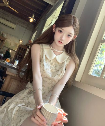 여름 새로운 베이비 칼라 민소매 레이스업 치마 슈퍼 잘 생긴 프랑스식 꽃무늬 드레스 허리 수축 슬림해 보이는 미니 스커트 여성 의류
