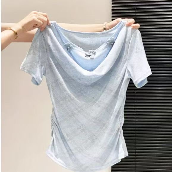 체크무늬 한 부서 페이크 레이어드 순수한 욕망 주름 반팔 티셔츠 여성 여름 몸매 가꾸기 허리 수축 맨위 핫걸 품격 다용도