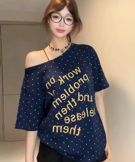 220 그램 40 순면 오스트리아 세대 서울 도트 무늬 비스듬한 어깨 반팔 티셔츠 여성