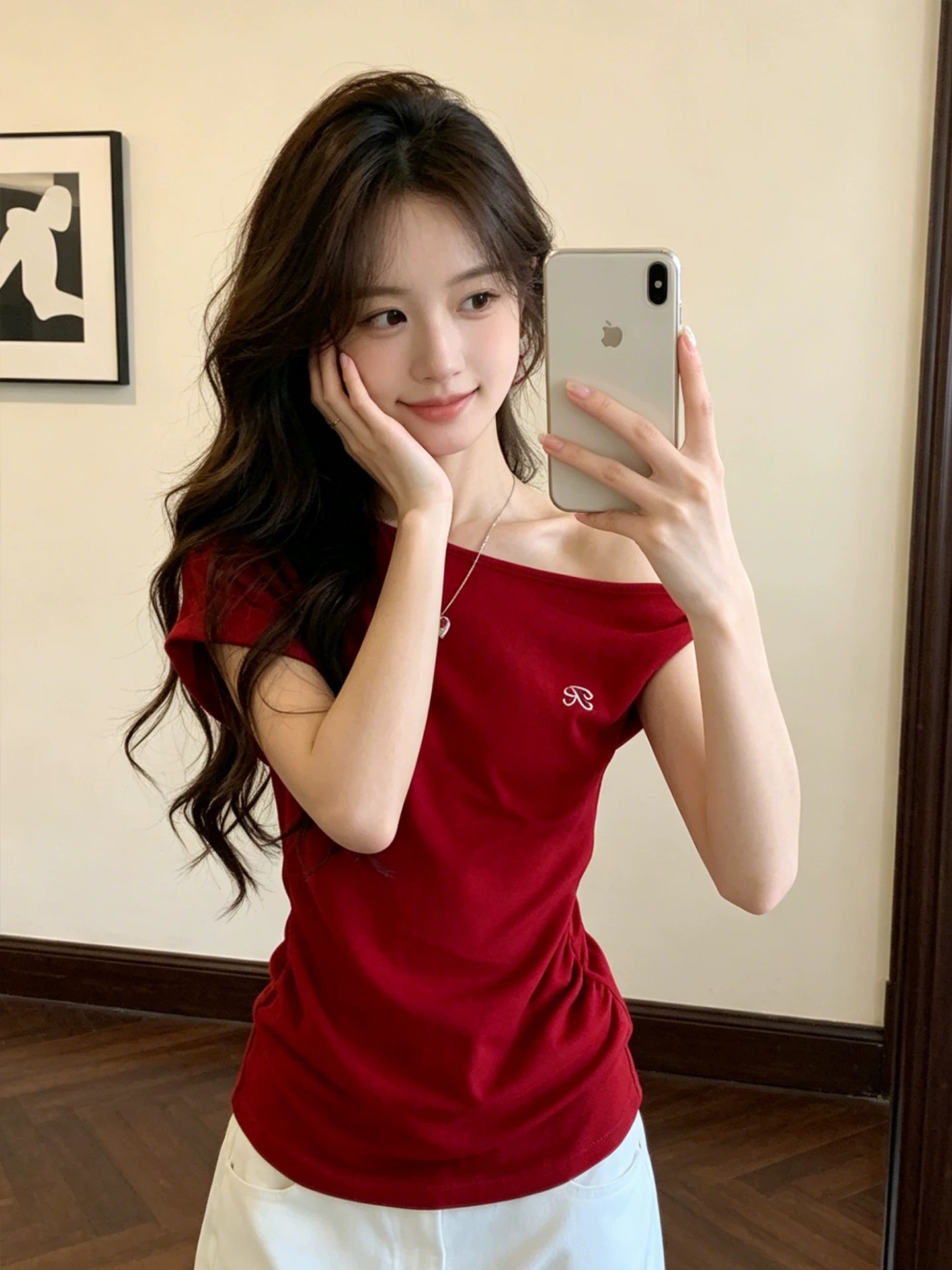 사람들 면 260 그램 핫걸 빨간색 비스듬한 어깨 반팔 티셔츠 여성 몸매 가꾸기 디자인 센스 오프숄더 고유 한 아름다운 맨위