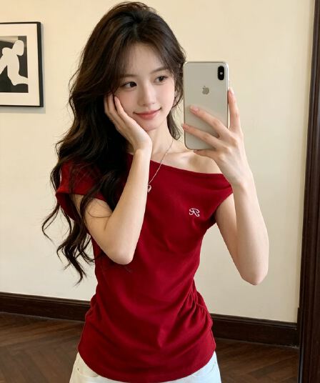 사람들 면 260 그램 핫걸 빨간색 비스듬한 어깨 반팔 티셔츠 여성 몸매 가꾸기 디자인 센스 오프숄더 고유 한 아름다운 맨위