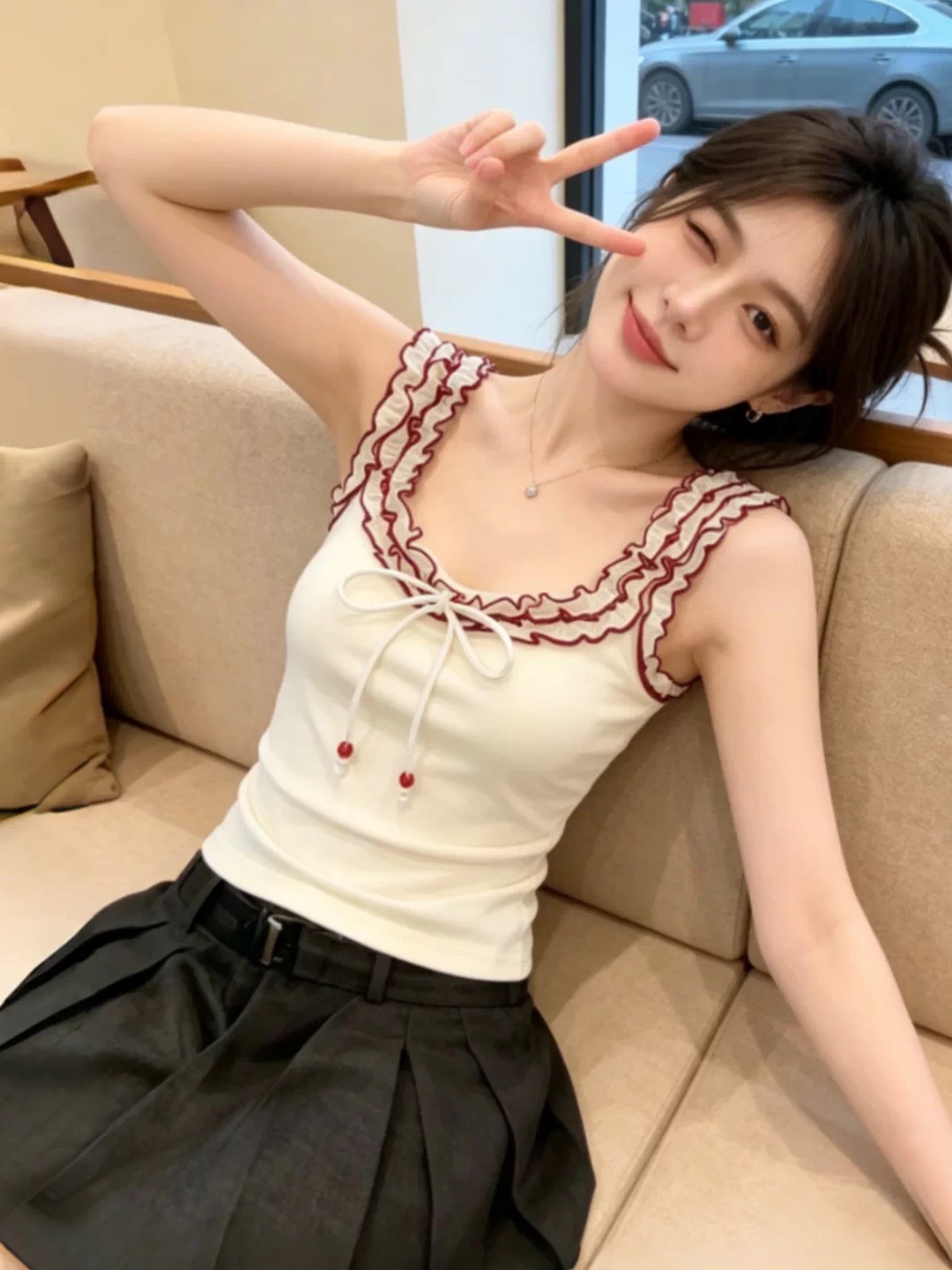 사람들 면 260 그램 나비 넥타이 목이버섯 레이스 2026 여름 민소매 조끼 민소매 슬립 맨위