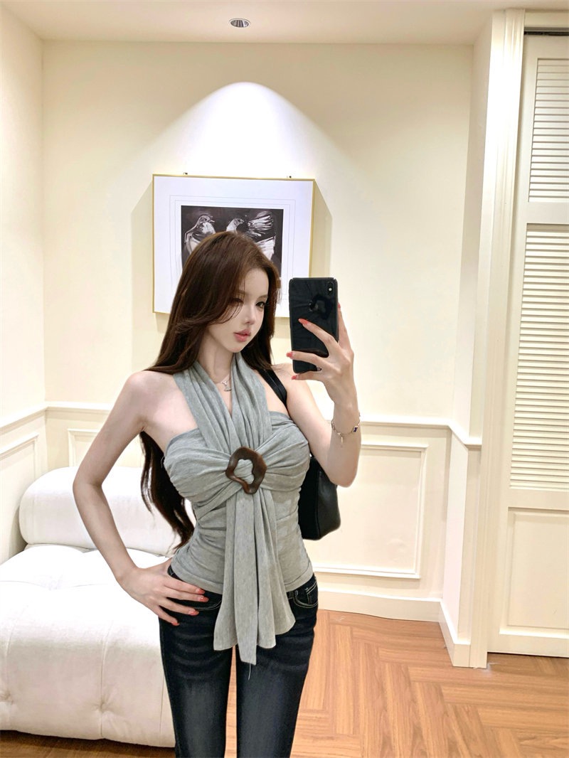 회색 행침 목 원형 고리 리본 캐미솔 여름 디자인 센스 몸매 가꾸기 기본 셔츠 순수한 욕망 바람 쇼트 스타일 맨위
