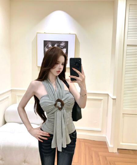 회색 행침 목 원형 고리 리본 캐미솔 여름 디자인 센스 몸매 가꾸기 기본 셔츠 순수한 욕망 바람 쇼트 스타일 맨위