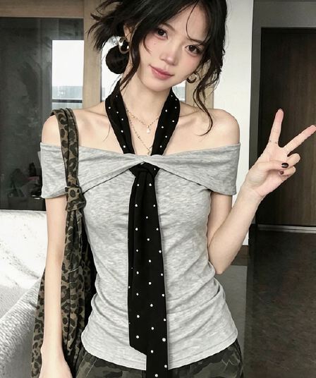 사람들 면 260 그램 핫걸 바람 도트 무늬 스트랩 오프숄더 행침 목 티셔츠 여성 여름 주름 허리 수축 오프숄더 맨위