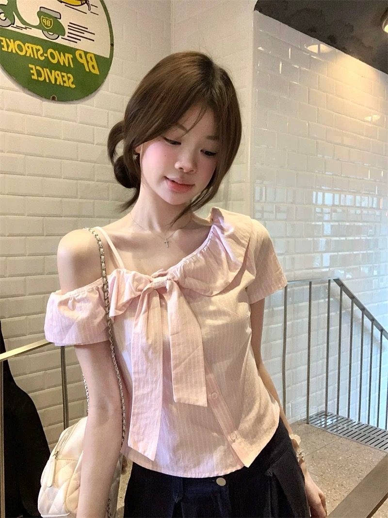 핑크색 스트라이프 나비 매듭 오프숄더 반팔 여성 셔츠 여름 작은 키 달콤함 디자인 센스 프랑스식 부드러운 맨위
