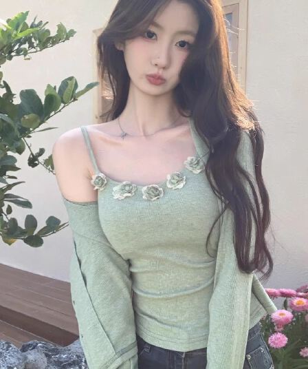원본 솜씨 2026 새로운 부드러운 바람 세트 여성 여름 신선함 녹색 자외선 차단 3 차원 꽃 슬립