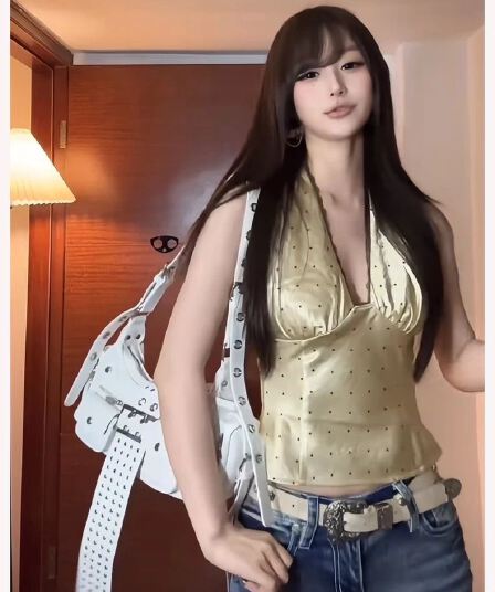 아메리칸 레트로 황색 레이스 측면 V넥 도트 무늬 행침 목 캐미솔 외출용 섹시함 슬림해 보이는 몸매 가꾸기 맨위