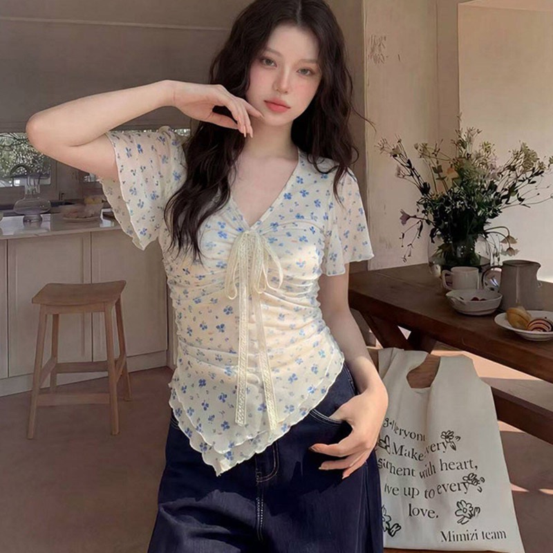 경관 그림 정가 순수한 욕망 바람 꽃무늬 반팔 티셔츠 여름 새로운 몸매 가꾸기 슬림해 보이는 디자인 센스 망사 레이스업 맨위