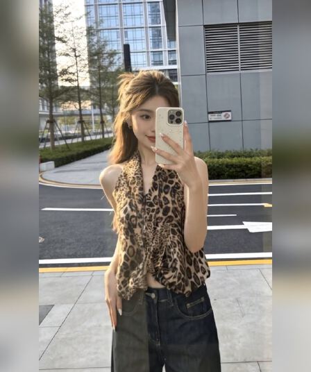경관 그림 원본 원단 핫걸 레오파드 무늬 V넥 행침 목 조끼 여성 여름