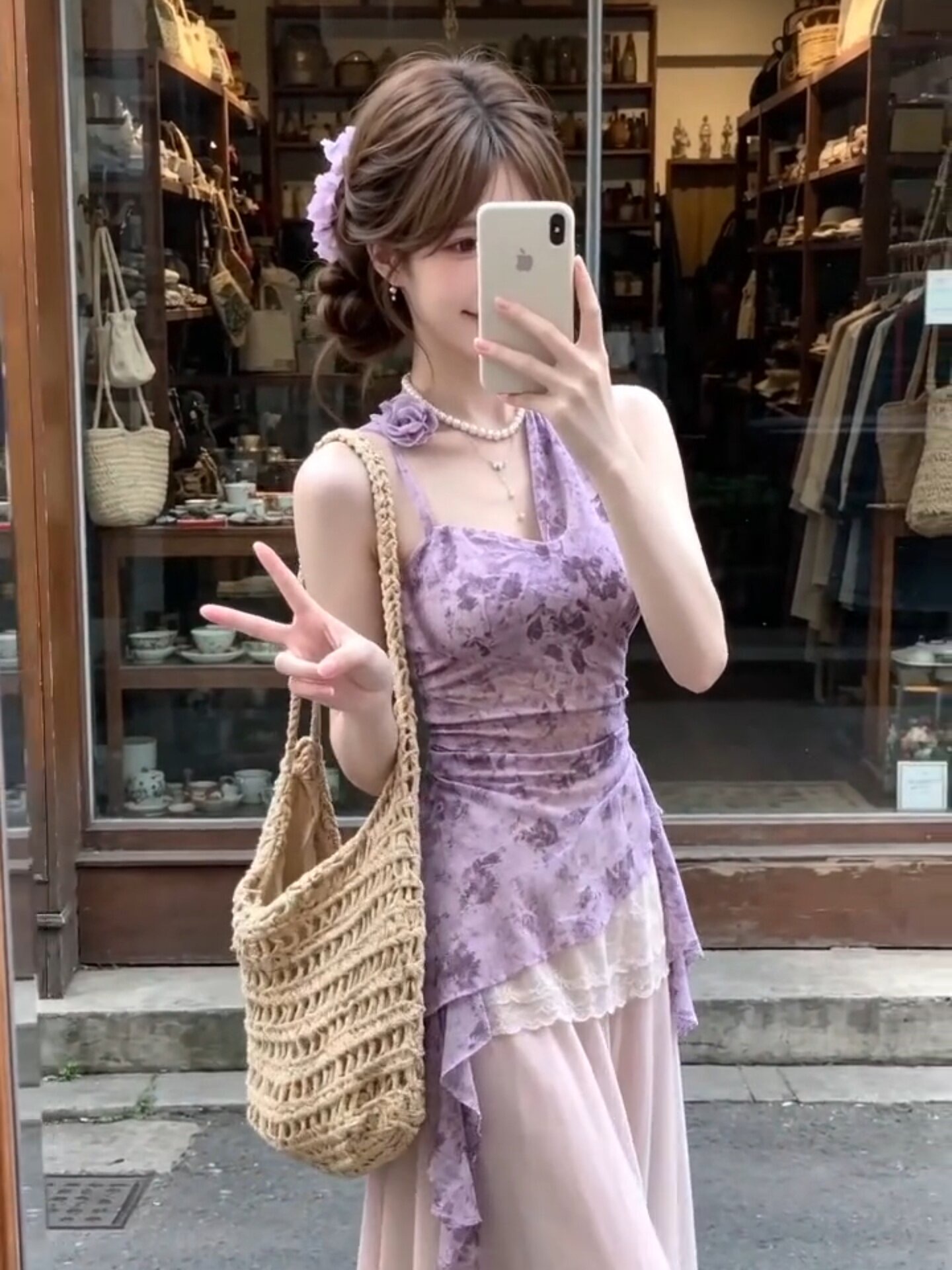 불규칙 보라색 꽃무늬 행침 목 캐미솔 여름 프릴 디자인 센스 허리 수축 순수한 욕망 핫걸 맨위
