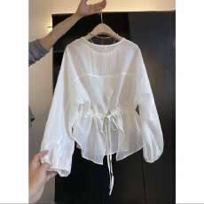 批发韩系简约长袖白色衬衫收腰抽绳超仙绝美上衣后背绑带防晒衬衫女