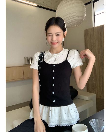 한 부서 달콤한 차가운 바람 페이크 레이어드 도트 무늬 슬립 반팔 티셔츠 미니멀리즘 귀여운 표지 고기 표지 배 폭발 다용도 맨위