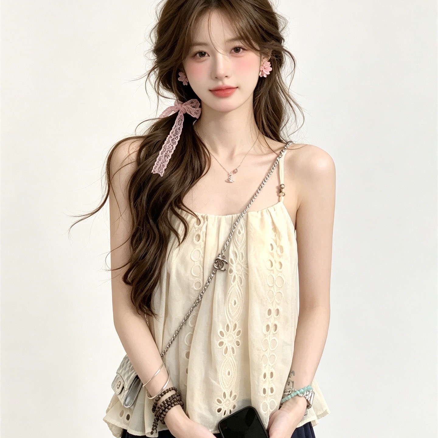 원본 원단 솜씨 휴가 바람 세트 여성 여름 품격 홀로우 아웃 자수 비즈 캐미솔