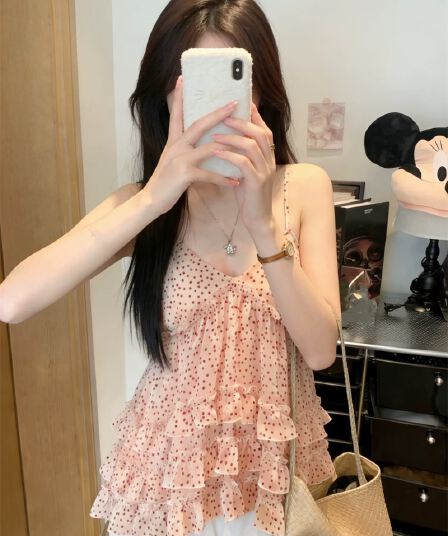 달콤한 매운맛 바람 빨간색 도트 무늬 프릴 캐미솔 여성 의류 여름 섹시함 캐주얼 민소매 맨위