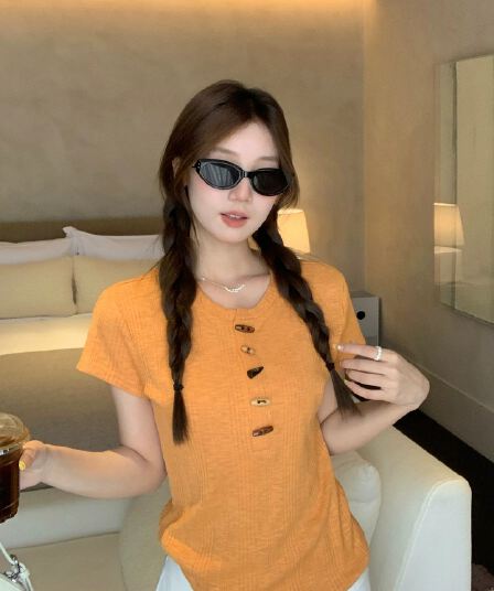 원본 대나무 마디 천 같은 단락 수공 버클 여름 소뿔 버클 대나무 마디 면 티셔츠 몸매 가꾸기 주황색 맨위