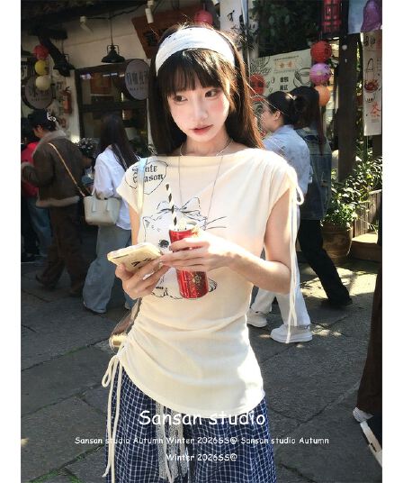 도파민 반팔 티셔츠 여성 여름 착용 가져 가라. 새끼 고양이 프린트 펌프 로프 황색 tee 몸매 가꾸기 한 첨부 된 의류 디자인 센스