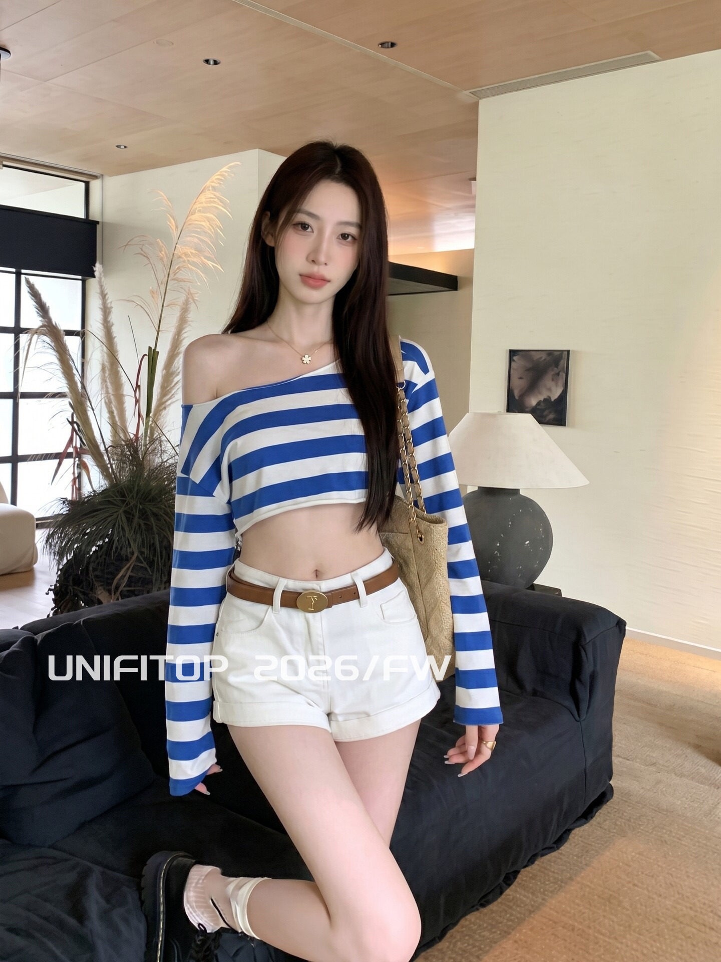 좋은 면 당겨 프레임 한 부서 블루 화이트 스트라이프 긴팔 티셔츠 여름 새로운 작은 대중 루즈핏 슬림해 보이는 쇼트 스타일 비스듬한 어깨 의류