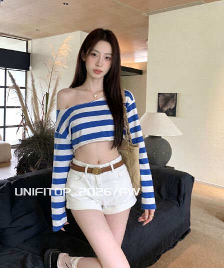 좋은 면 당겨 프레임 한 부서 블루 화이트 스트라이프 긴팔 티셔츠 여름 새로운 작은 대중 루즈핏 슬림해 보이는 쇼트 스타일 비스듬한 어깨 의류