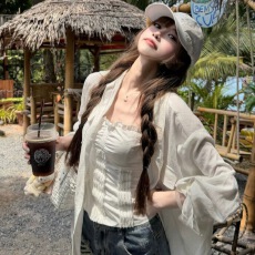 批发老钱风松弛感仿亚麻白色衬衫上衣女法式极简天丝微透轻薄防晒外套