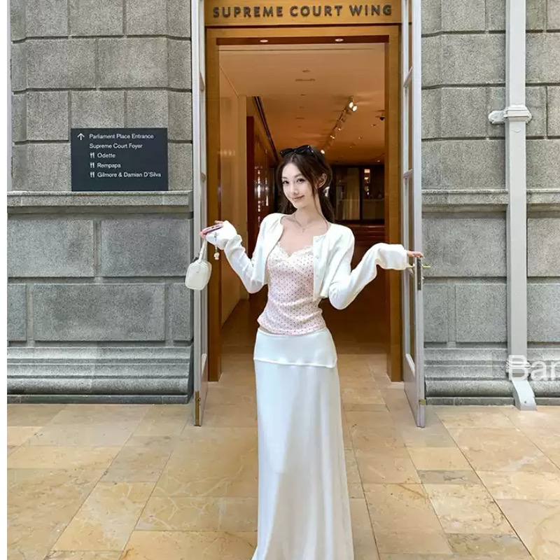 한 스타일 새로운 핑크색 인사이드 가져 가라. 화이트 오픈 가디건 맨위 여성 티셔츠 허리 수축 슬림해 보이는 외국 가스 고급 센스 ins 트렌디
