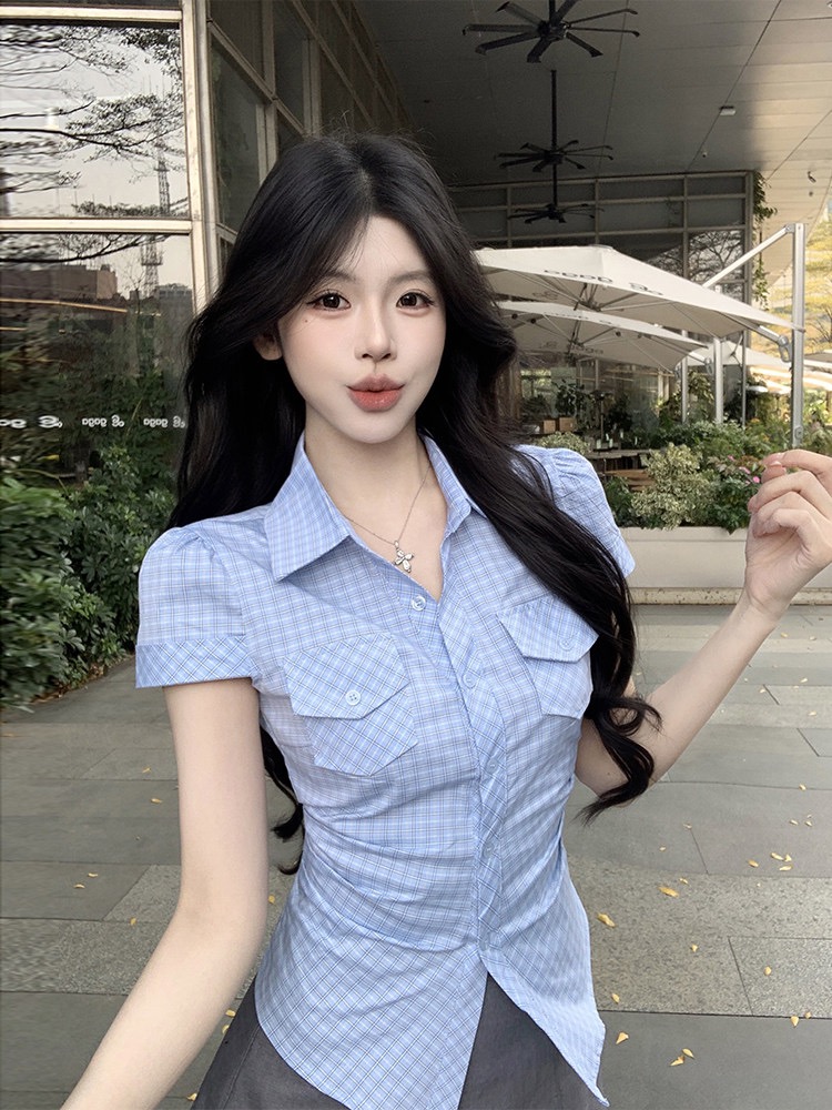 한 부서 꼬집기 허리 질감 센스 스트라이프 주머니 셔츠 긍정적 인 어깨 반팔 만나는 몸매 가꾸기 슬림해 보이는 품격 맨위 여성 작은 셔츠