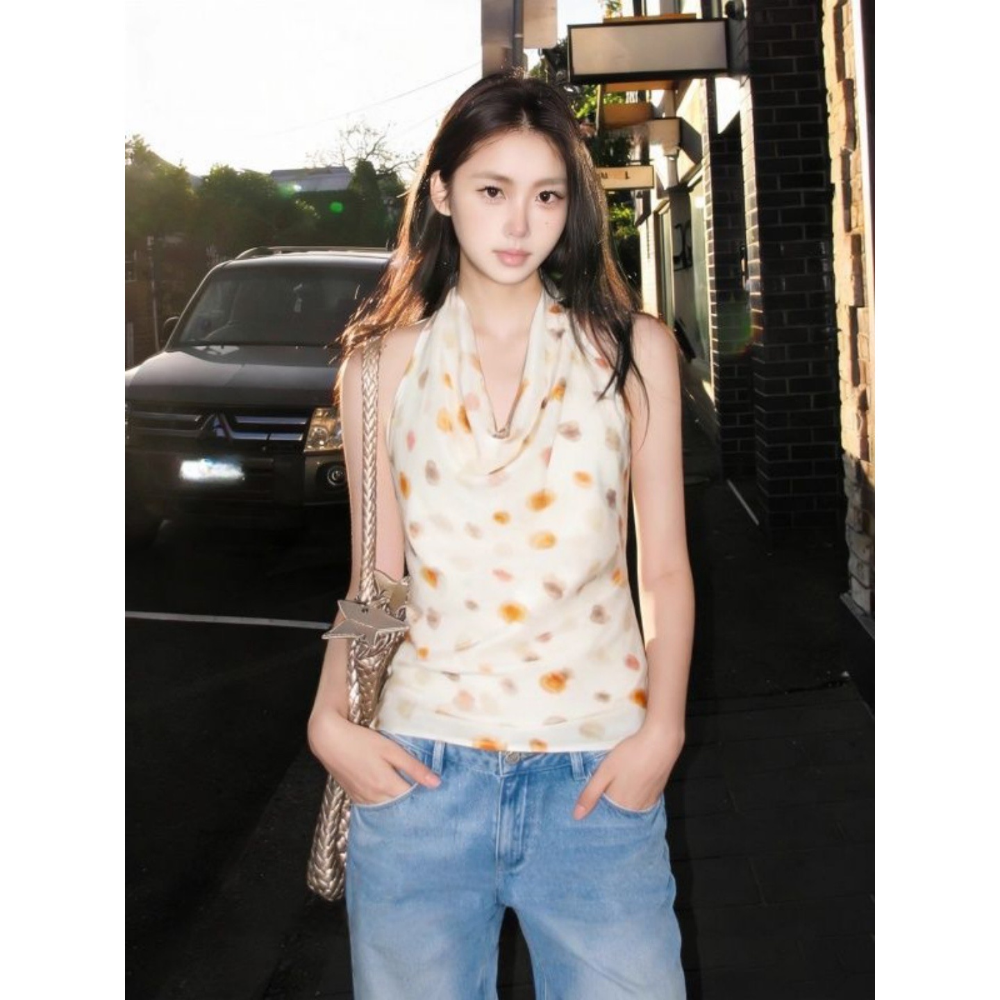 원본 원단 네리 지퍼 새로운 배색 도트 무늬 흔들다 칼라 행침 목 캐미솔